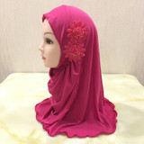 H081beautiful small girl Al amira hijab with flowers fit 2-7 years old muslim kids pull on islamic scarf headscarf