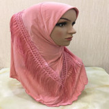 H019 high quality medium size 70*60cm muslim amira hijab with tassels pull on islamic scarf head wrap