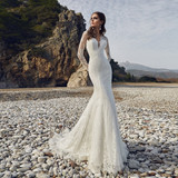 Long Sleeve Lace Mermaid Wedding Gowns Sexy Open Back
