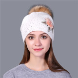 Winter Hat For Women & Girls. Wool  Knitted Hat.  Beanie Cap Embroidery With  Mink Faux-Fur Pom Pom.