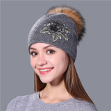 Winter Hat For Women & Girls. Wool  Knitted Hat.  Beanie Cap Embroidery With  Mink Faux-Fur Pom Pom.