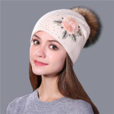 Winter Hat For Women & Girls. Wool  Knitted Hat.  Beanie Cap Embroidery With  Mink Faux-Fur Pom Pom.