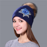 Winter Hat For Women & Girls. Wool  Knitted Hat.  Beanie Cap Embroidery With  Mink Faux-Fur Pom Pom.