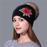 Winter Hat For Women & Girls. Wool  Knitted Hat.  Beanie Cap Embroidery With  Mink Faux-Fur Pom Pom.