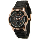 Geneva Watch Waterproof Women Watch Rose Gold Chronograph Silicone With Crystal Rhinestones