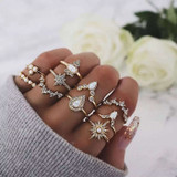 10Pcs Set Bohemian Retro Crystal Flower Stars Water Drop Ring Set For Women Knuckle Ring