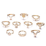 10Pcs Set Bohemian Retro Crystal Flower Stars Water Drop Ring Set For Women Knuckle Ring
