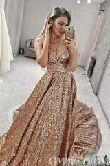 Stunning V Neck Prom Dress with Sequins Long Party Gown D266