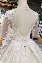 Luxury Lace Wedding Dress Scoop Half Sleeves Appliques Ball Gown W737