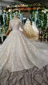 Luxury Lace Wedding Dress Scoop Half Sleeves Appliques Ball Gown W737