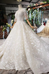 Luxury Lace Wedding Dress Scoop Half Sleeves Appliques Ball Gown W737