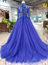 Blue Long Sleeves V Neck Tulle Prom Dress with Beading D202