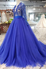 Blue Long Sleeves V Neck Tulle Prom Dress with Beading D202