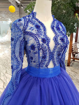 Blue Long Sleeves V Neck Tulle Prom Dress with Beading D202