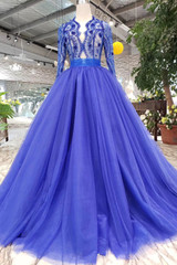Blue Long Sleeves V Neck Tulle Prom Dress with Beading D202