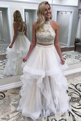 Two Piece Prom Dress Halter A Line Long Party Dress with Ruffles D102