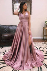 Spaghetti Straps V Neck A Line Satin Prom Dress with Split Side D99