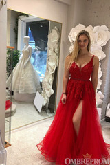 Chic Red Prom Dress V Neck Split Side Lace Party Dress D48