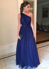 Navy Blue One Shoulder Sleeveless Floor Length Prom Dress D17