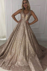 Sparkly V-neck Long Ball Gown Prom Dresses Modest Quinceanera Dresses M909