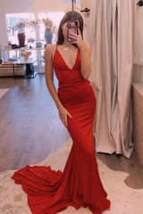 Simple Sheath Red Long Spaghetti Straps Prom Dresses Pretty Party Dresses M904