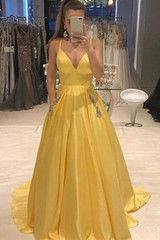 Yellow Spaghetti Straps A Line V Neck Prom Dress D382
