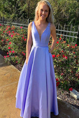 Simple A Line V Neck Satin Sleeveless Long Prom Dress D377