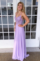Spaghetti Straps A Line V Neck Backless Prom Dress D366