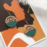 Boho-style Leaf Art Wooden Earrings In Round Shape Handmade