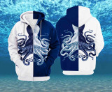 Hoodie Blue Octopus Art Contrast Zip Hoodie