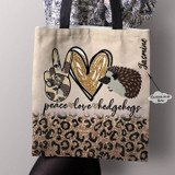 Personalized Customized Glitter Leopard Peace Love Hedgehogs Tote Bag