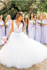 A Line Floor Length Deep V Neck Sleeveless Cheap Wedding Gown Beach Wedding Dress W151