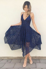 Simple Backless A Line Asymmetrical Tea Length Deep V Neck Spaghetti Straps Sleeveless Cheap Bridesmaid Dresses B202