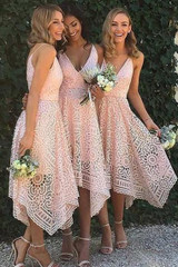 Simple Backless A Line Asymmetrical Tea Length Deep V Neck Spaghetti Straps Sleeveless Cheap Bridesmaid Dresses B202