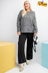 Long Sleeve Leopard Printed Terry Knit Pullover