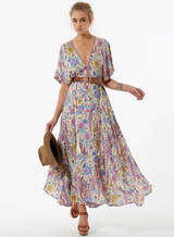 Women s V Neck Floral Print Lace up Maxi Dress with Tassel