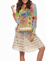 Rainbow Color Sexy Openwork Top Hand-Knit Beach Bikini Cover-Up