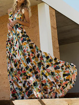 Print Hanging Neck Big Swing Backless Long Dress