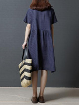 Plaid V Neck Short Sleeve Loose Linen Cotton Dress