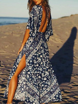 Print Backless Side Split Maxi Dress