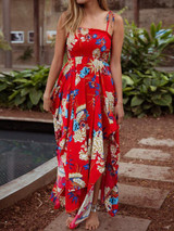 Print Spaghetti Strap Irregular Maxi Dress