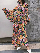 Floral Long Flared Sleeve Loose Maxi Dress