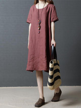 Linen Cotton Solid Color Short Sleeve Loose Dress Linen Cotton Solid Color Short Sleeve Loose Dress
