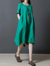 Linen Cotton Solid Color Short Sleeve Loose Dress Linen Cotton Solid Color Short Sleeve Loose Dress
