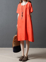 Linen Cotton Solid Color Short Sleeve Loose Dress Linen Cotton Solid Color Short Sleeve Loose Dress