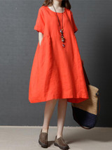 Linen Cotton Solid Color Short Sleeve Loose Dress Linen Cotton Solid Color Short Sleeve Loose Dress