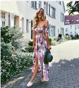 Flower Print Off Shoulder Split Dress