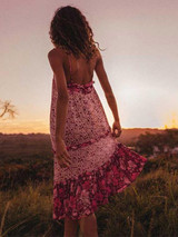 Boho Summer Vintage Floral Print Ruffles Backless Beach Holiday Dress