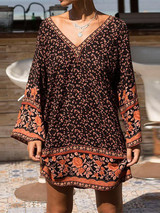 Bohemia Floral Flare Sleeves V-Neck Cotton Beach Mini Dress