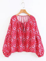 Boho Floral Long Sleeve V Neck Top Blouse